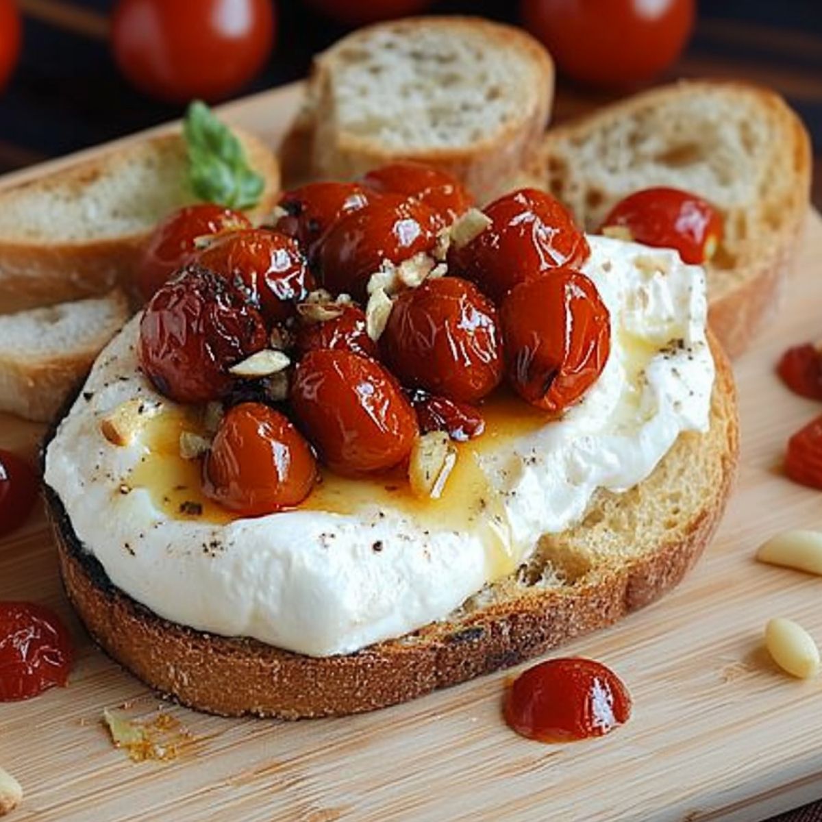 162.Burrata con Tomates Cherry Asados y Crostini de Ajo