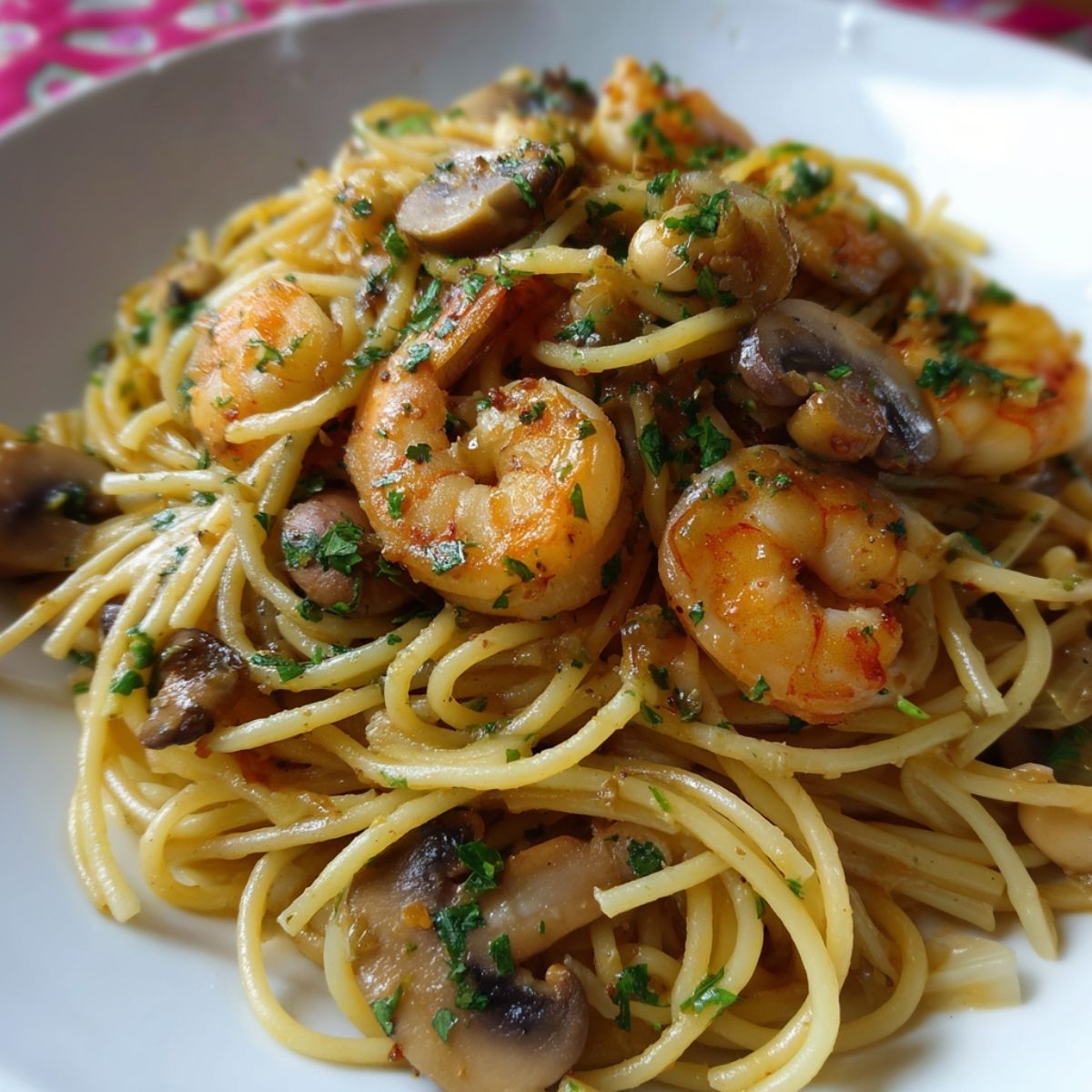 Espaguetis con Gambas y Champiñones al Ajillo
